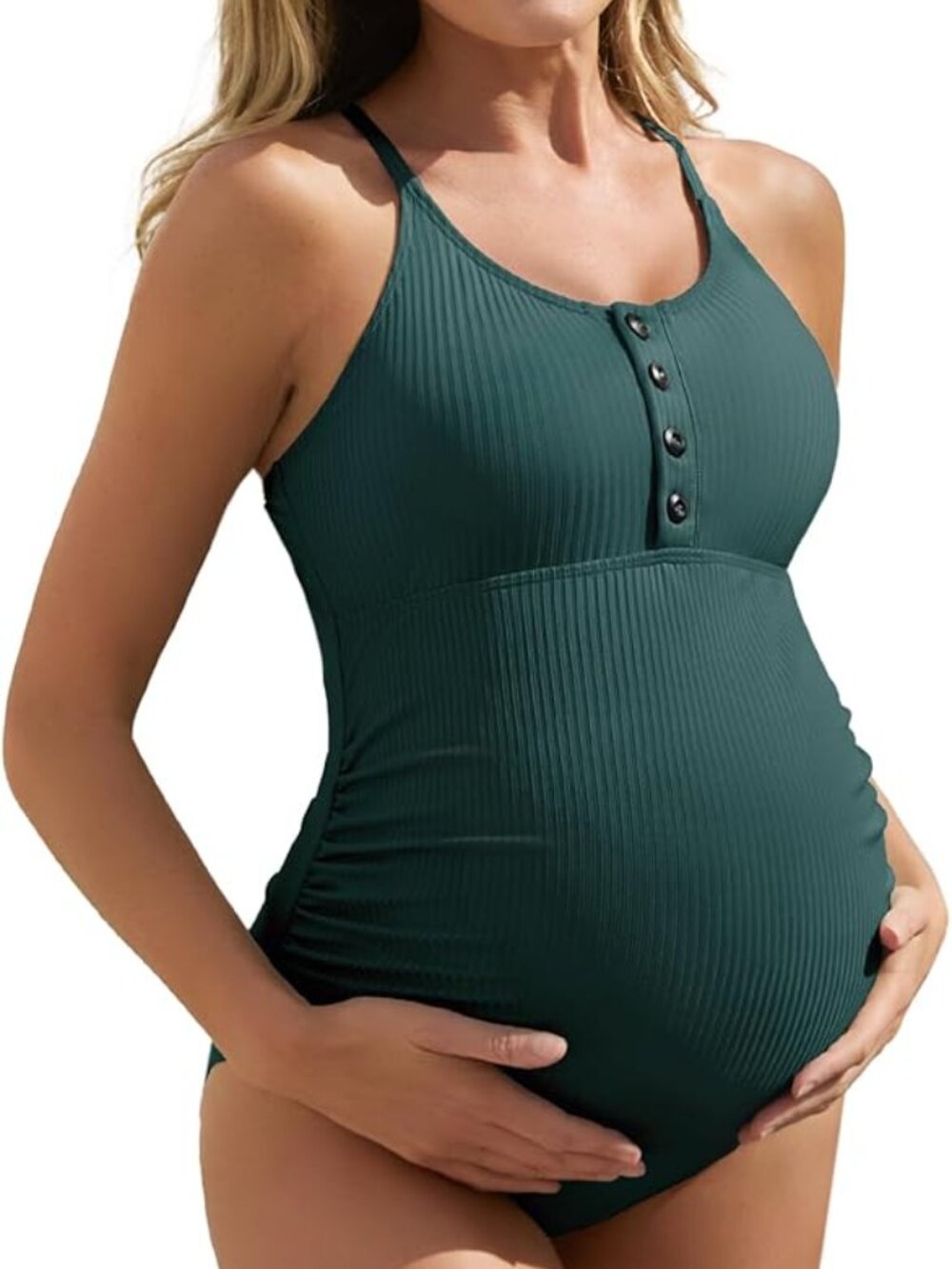 Summer Mae Maternity Swimsuit |One Piece Bathing Suit Button Neck | Green | M